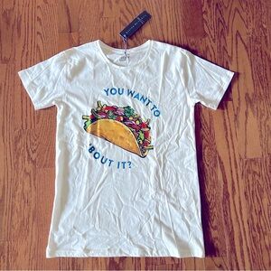 🆕 White Graphic T-Shirt with Taco Design “You want to taco ‘bout it?” - NWT